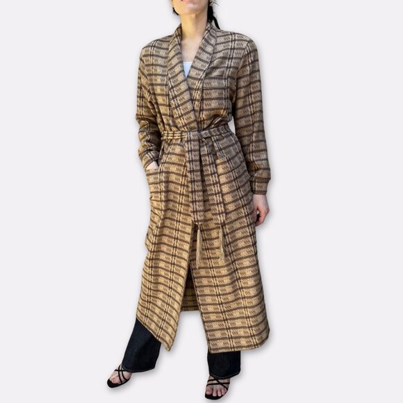 Vintage Anne Klein Wool Coat Checkered Striped Belted Tan Long Sleeve Size S/M - Picture 1 of 4